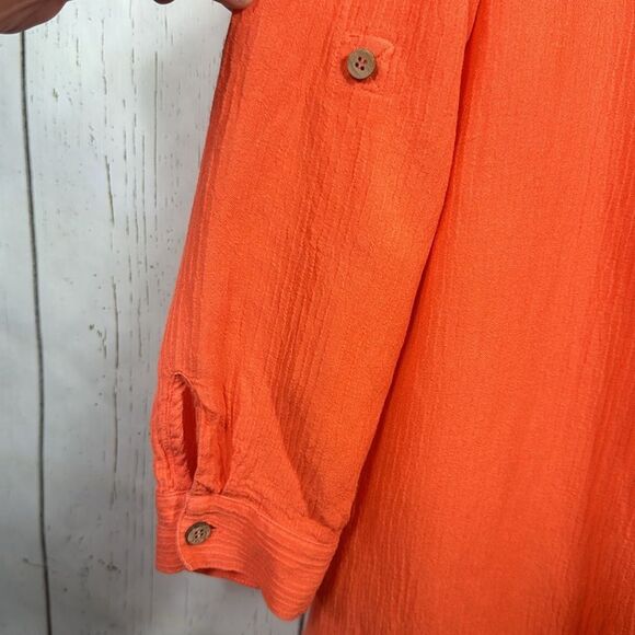 Soft Surroundings Gauze Artisan Roll Tab Sleeve Orange Boho Button Detail Blouse - Picture 5 of 16